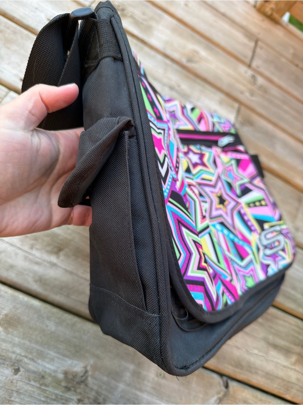 Skechers Star Print Messenger Bag Laptop School Crossbody Pink Black - Picture 9 of 12